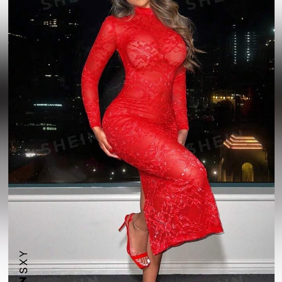 Shein red dress sexy mesh - Picture 4 of 5